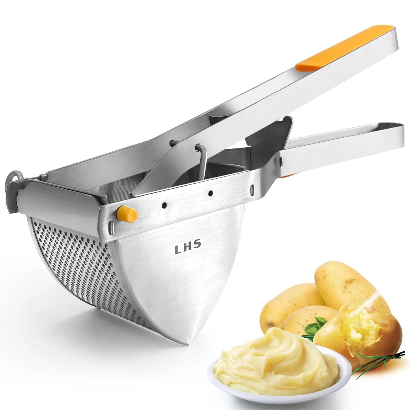 LHS Stainless Steel Potato Ricer and Masher, Heavy Duty Food Masher with Ergonomic Grip, Extra Large Capacity, Dishwasher Safe (Orange) - main product image