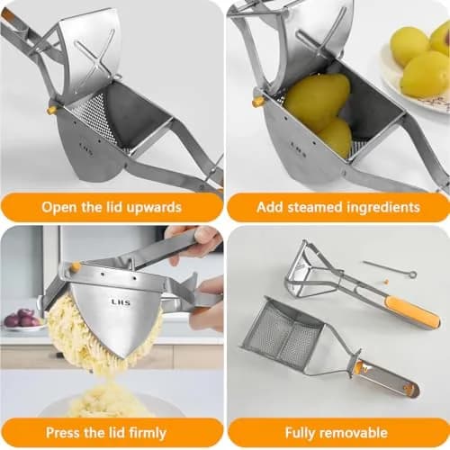 LHS Stainless Steel Potato Ricer and Masher, Heavy Duty Food Masher with Ergonomic Grip, Extra Large Capacity, Dishwasher Safe (Orange) thumbnail 4