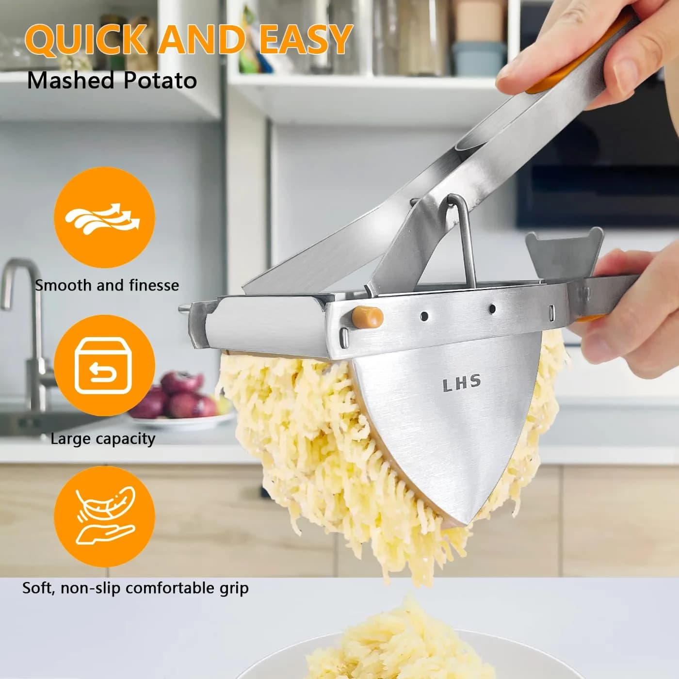 LHS Stainless Steel Potato Ricer and Masher, Heavy Duty Food Masher with Ergonomic Grip, Extra Large Capacity, Dishwasher Safe (Orange) - view 6