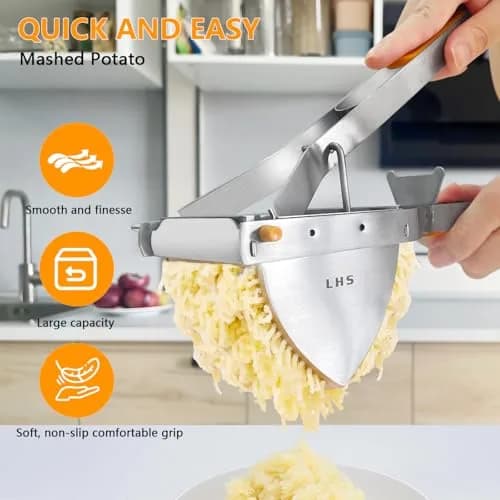 LHS Stainless Steel Potato Ricer and Masher, Heavy Duty Food Masher with Ergonomic Grip, Extra Large Capacity, Dishwasher Safe (Orange) thumbnail 6