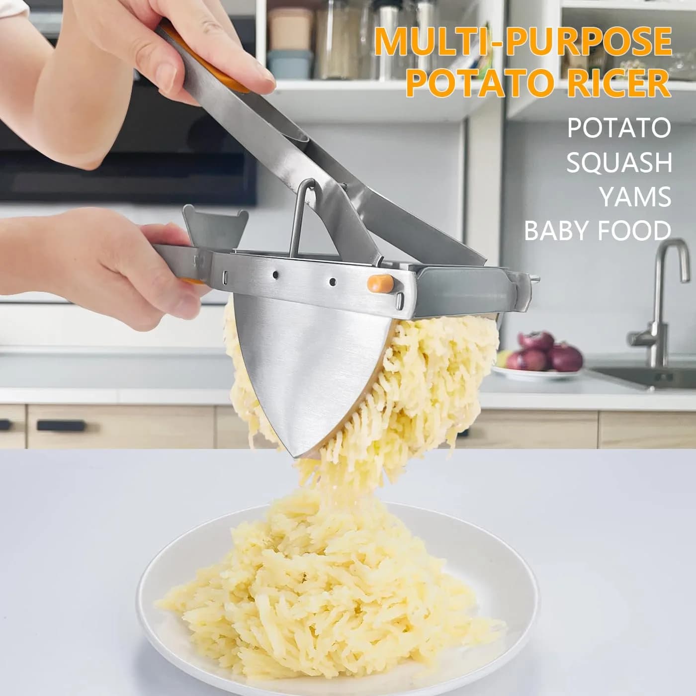 LHS Stainless Steel Potato Ricer and Masher, Heavy Duty Food Masher with Ergonomic Grip, Extra Large Capacity, Dishwasher Safe (Orange) - view 3