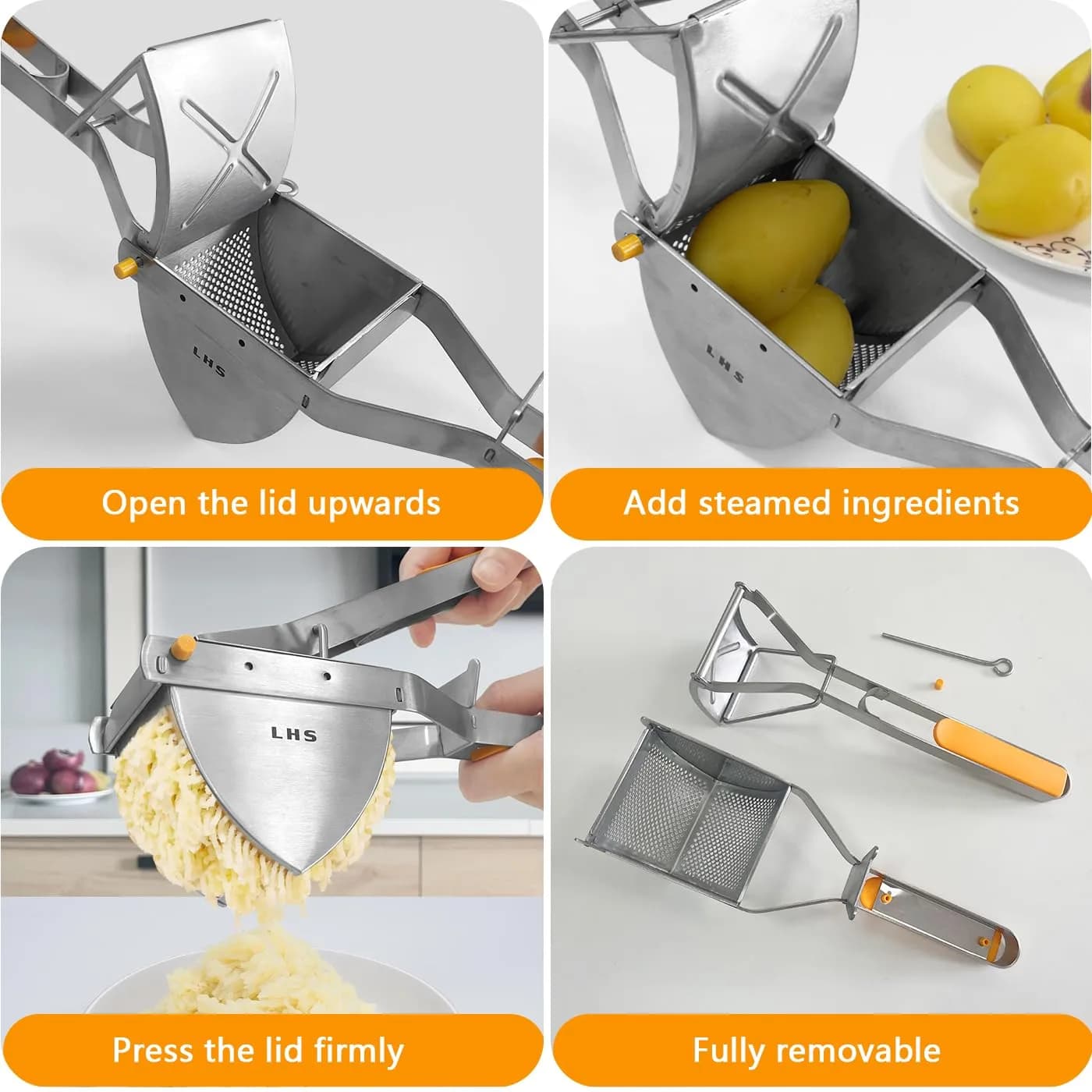 LHS Stainless Steel Potato Ricer and Masher, Heavy Duty Food Masher with Ergonomic Grip, Extra Large Capacity, Dishwasher Safe (Orange) - view 4