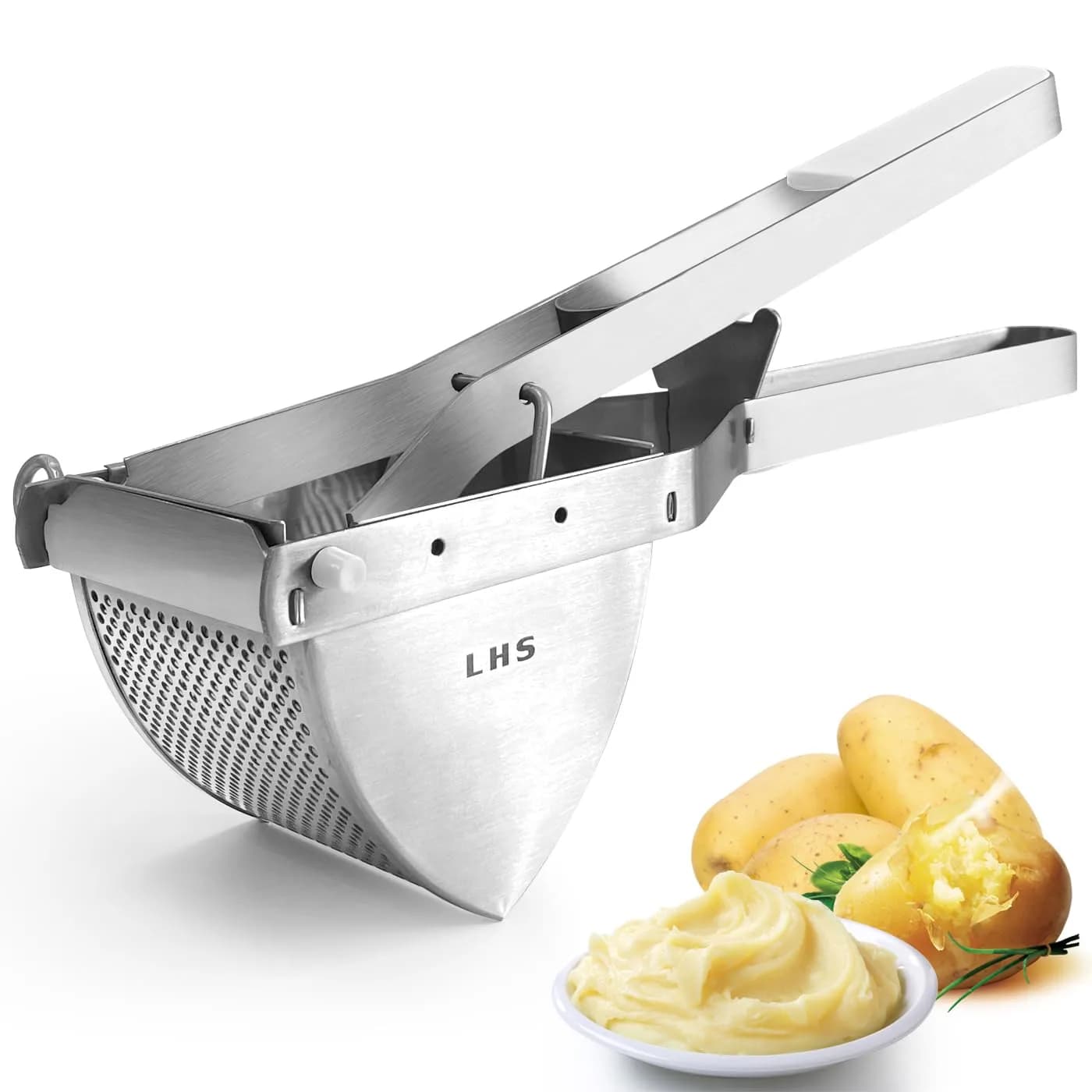 LHS Stainless Steel Potato Ricer and Masher, Heavy Duty Food Masher with Ergonomic Grip, Extra Large Capacity, Dishwasher Safe (White) | 680g (1.5 lb) - main product image