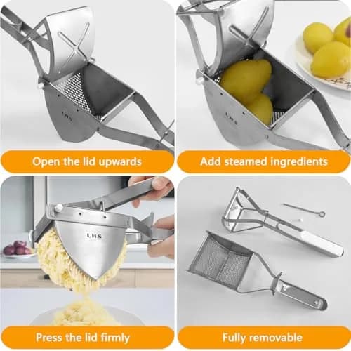 LHS Stainless Steel Potato Ricer and Masher, Heavy Duty Food Masher with Ergonomic Grip, Extra Large Capacity, Dishwasher Safe (White) | 680g (1.5 lb) thumbnail 5
