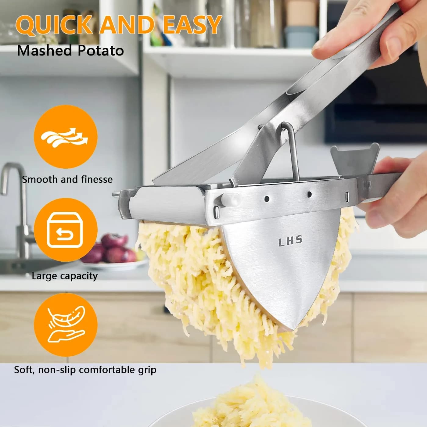 LHS Stainless Steel Potato Ricer and Masher, Heavy Duty Food Masher with Ergonomic Grip, Extra Large Capacity, Dishwasher Safe (White) | 680g (1.5 lb) - view 3