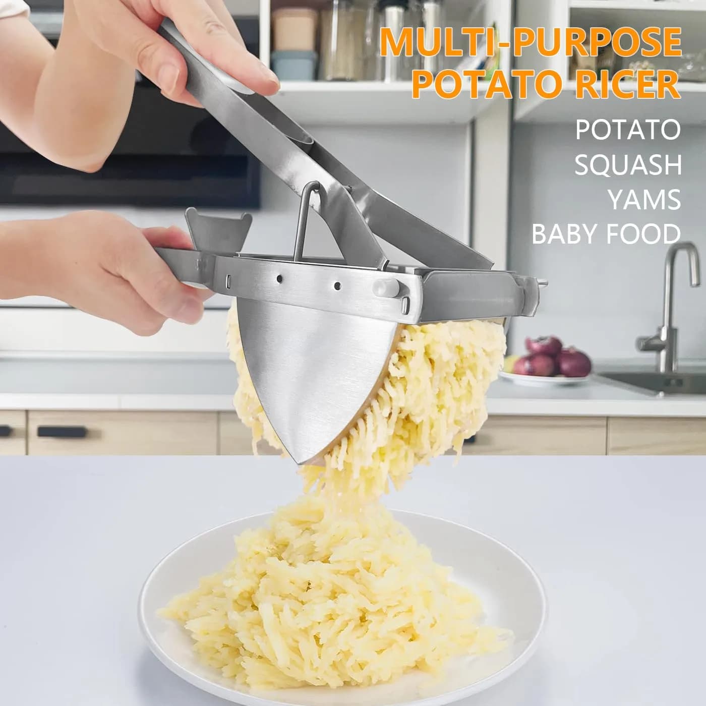 LHS Stainless Steel Potato Ricer and Masher, Heavy Duty Food Masher with Ergonomic Grip, Extra Large Capacity, Dishwasher Safe (White) | 680g (1.5 lb) - view 4