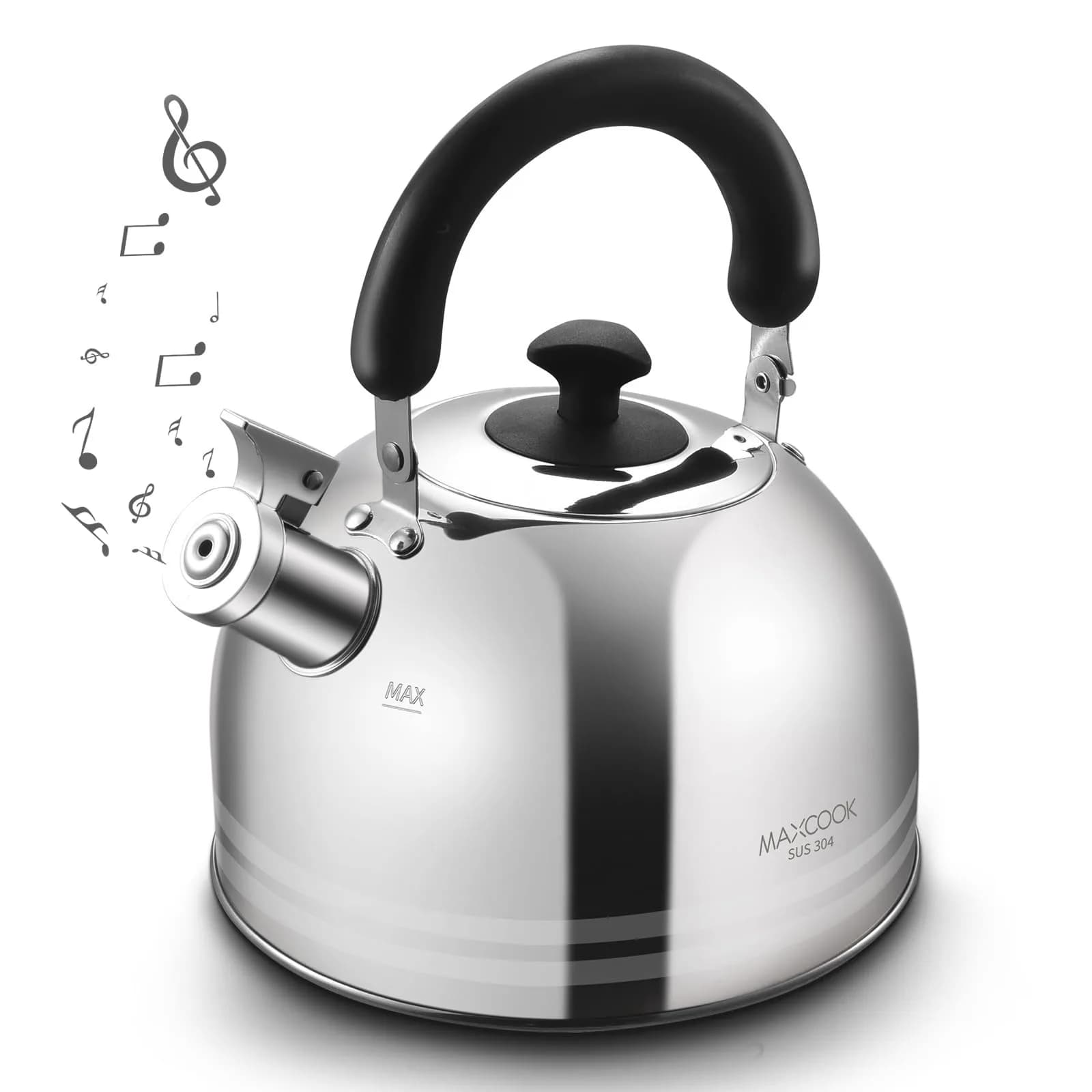 MAXCOOK Whistling Tea Kettle 3L (101.4 Fl Oz) Mirror Polish Stainless Steel Stove Top Kettle with Anti-Heat Handle | Induction Ready — Silver Stripe