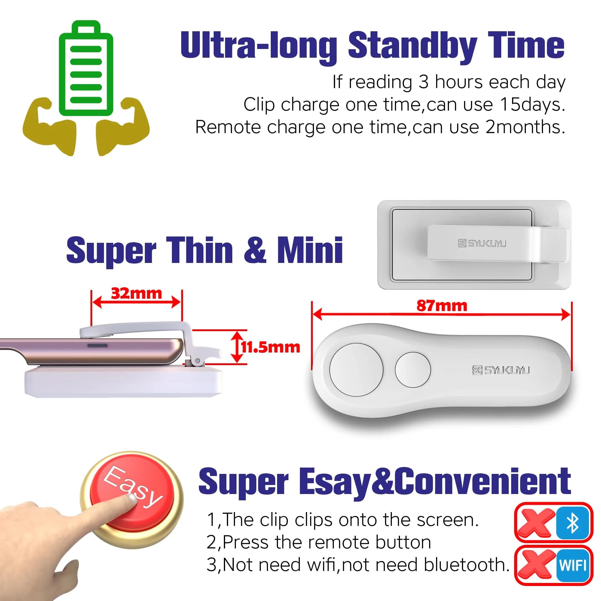 SK SYUKUYU RF Remote Control Page Turner for Kindle, iPad, Android Tablets, iPhone - White | Hands-Free Reading & Photo Capture - view 6