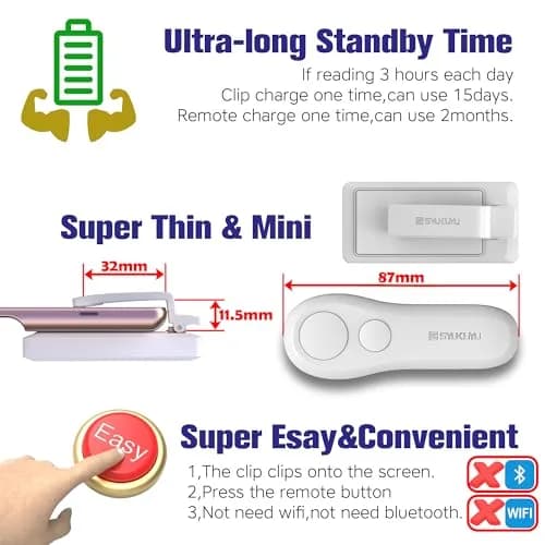 SK SYUKUYU RF Remote Control Page Turner for Kindle, iPad, Android Tablets, iPhone - White | Hands-Free Reading & Photo Capture thumbnail 6