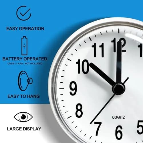 Betus Waterproof Bathroom Shower Clock with Large Suction Cup - Silent, Water Proof, Battery Operated Wall Clock for Toilet, Kitchen, Bedroom (White, 2-Pack) thumbnail 5