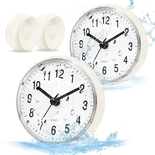 Betus Waterproof Bathroom Shower Clock with Large Suction Cup - Silent, Water Proof, Battery Operated Wall Clock for Toilet, Kitchen, Bedroom (White, 2-Pack) thumbnail 1