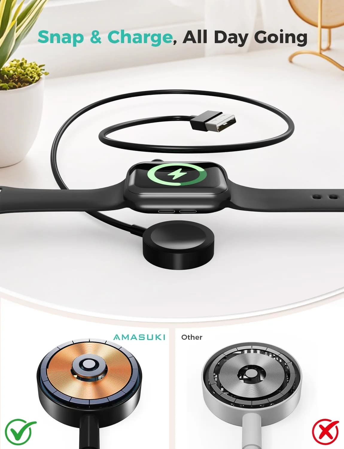 Amasuki USB C Magnetic Fast Charger for Apple Watch (Black, 1m) | Smart Charging Cable for Series 1-11 - view 2