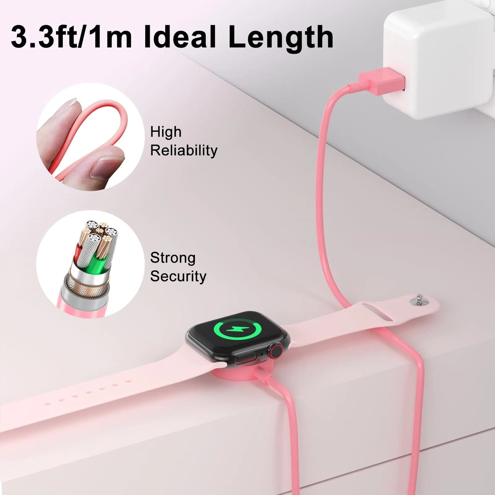 Amasuki Pink Magnetic Fast Charging Cable for Apple Watch | 1m (3.3ft) USB-A - view 5