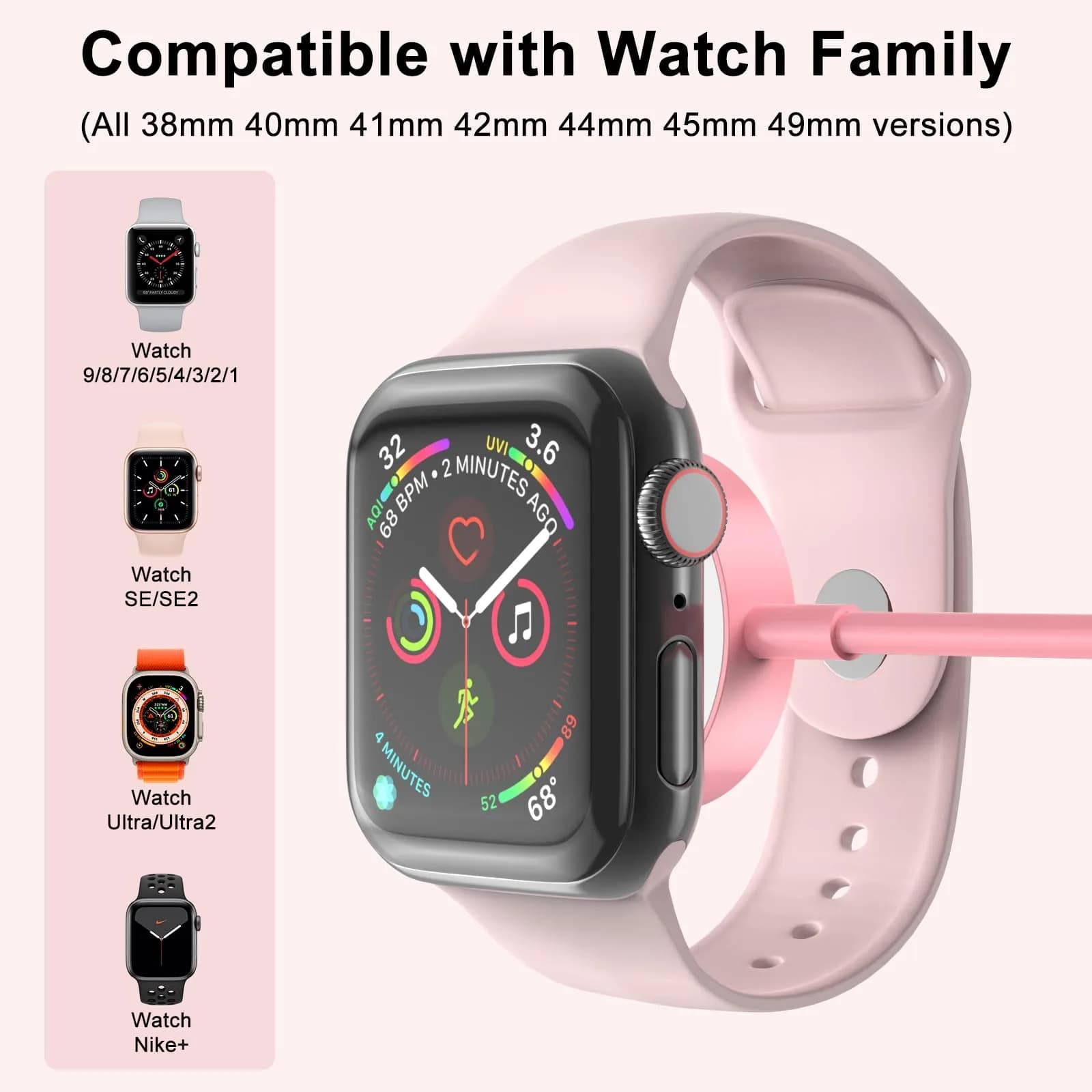 Amasuki Pink Magnetic Charging Cable for Apple Watch - USB A Wireless Charger for iWatch Series 1-11, SE, Ultra (3.3FT) - view 2