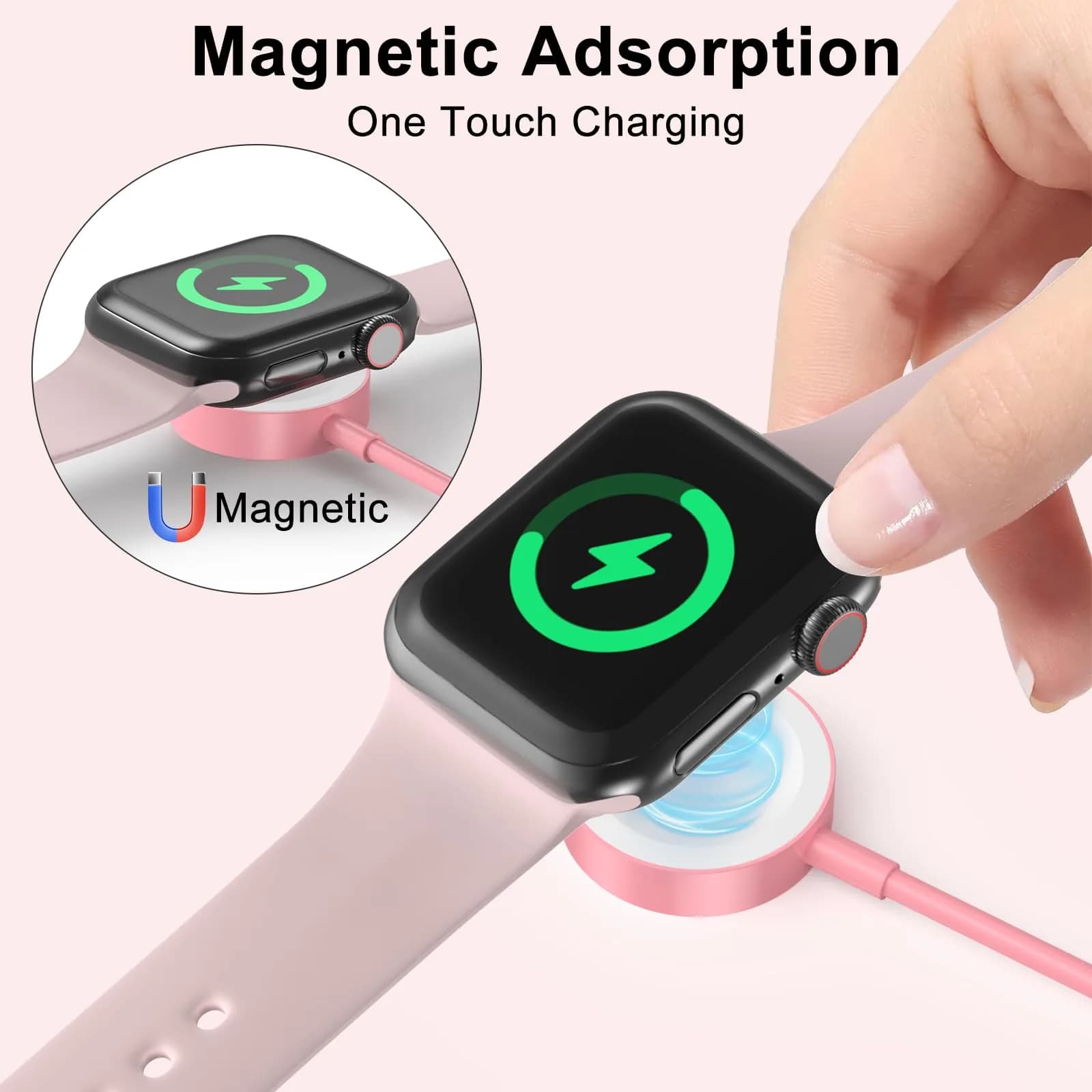 Amasuki Pink Magnetic Charging Cable for Apple Watch - USB A Wireless Charger for iWatch Series 1-11, SE, Ultra (3.3FT) - view 4