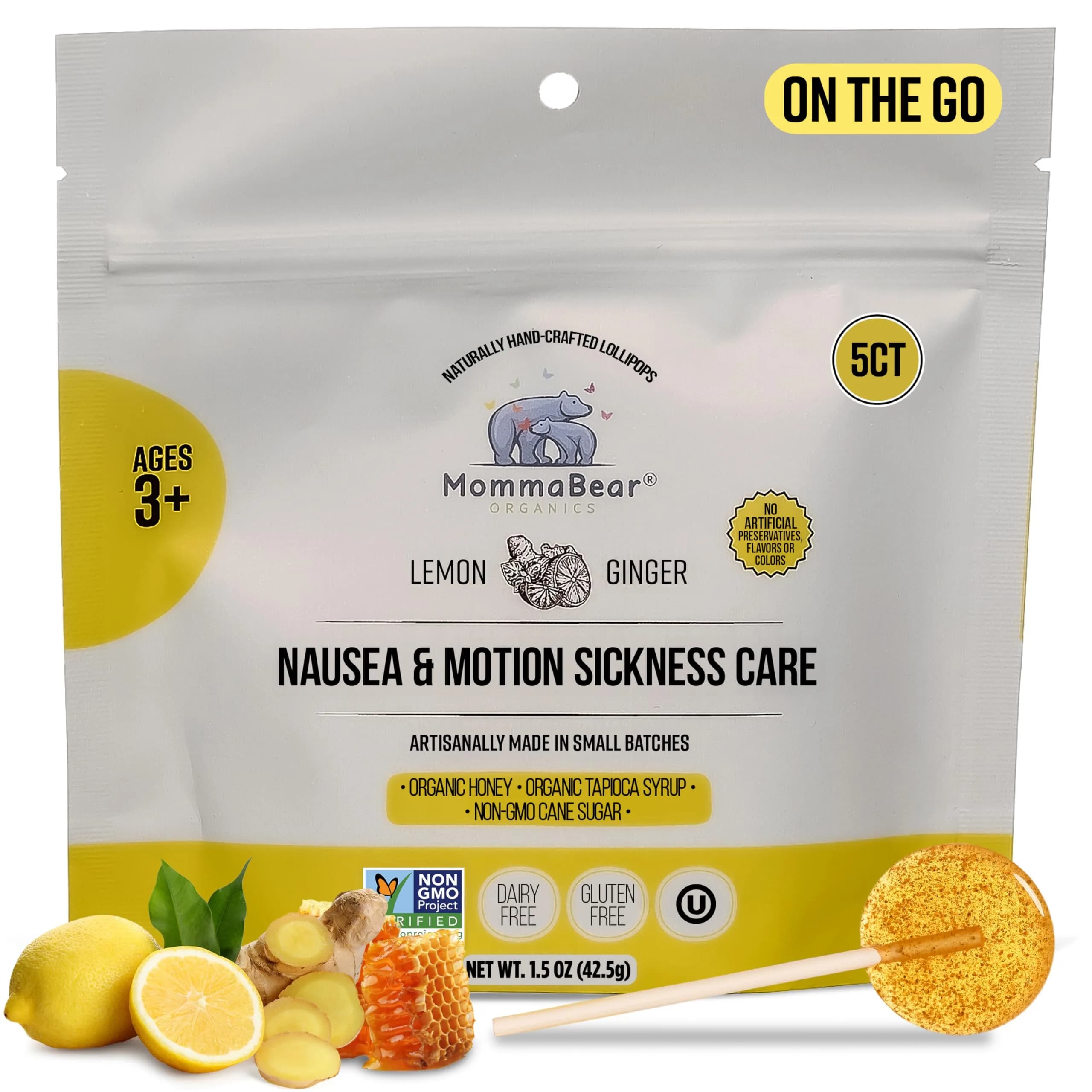 MommaBear Nausea & Motion Sickness Lollipops 5 Pack | Organic Ginger & Lemon Relief for Kids & Adults — Lemon & Ginger