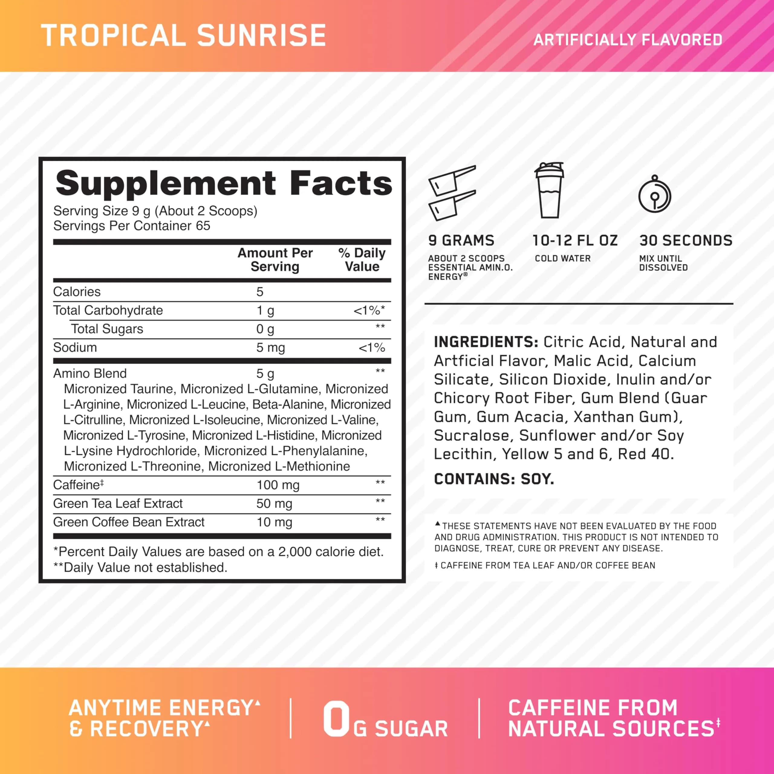 Optimum Nutrition Amino Energy Tropical Sunrise Flavor, 65 Servings (1.29 lb / 584g) | Energy & Recovery Blend - view 2