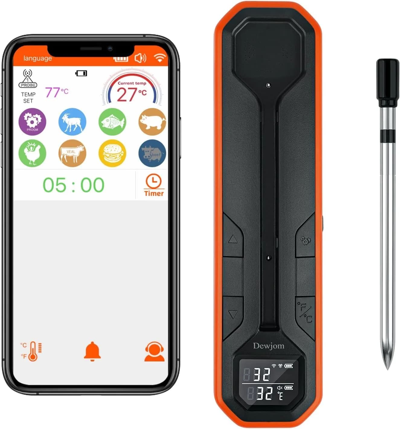 Dewjom Wireless Meat Thermometer – Digital Cooking Thermometer with Wireless Probe – 500Ft Range, App Control, Preprogrammed Temperatures