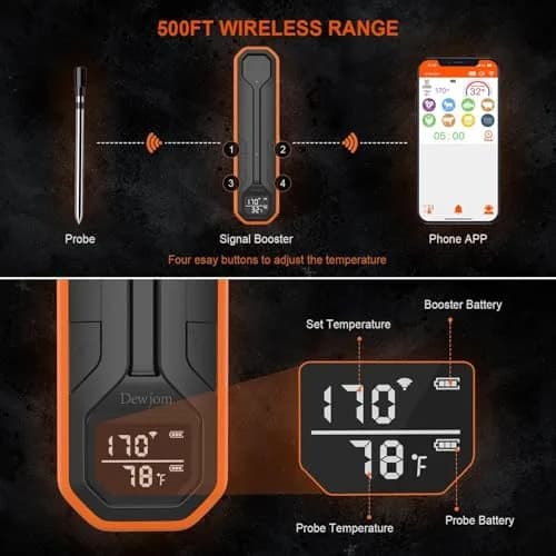 Dewjom Wireless Meat Thermometer – Digital Cooking Thermometer with Wireless Probe – 500Ft Range, App Control, Preprogrammed Temperatures thumbnail 4