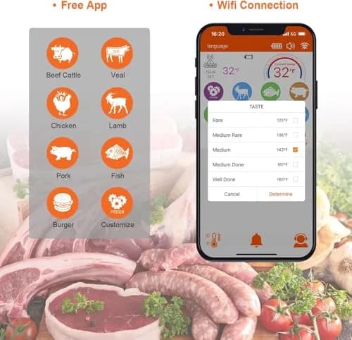 Dewjom Wireless Meat Thermometer – Digital Cooking Thermometer with Wireless Probe – 500Ft Range, App Control, Preprogrammed Temperatures thumbnail 7