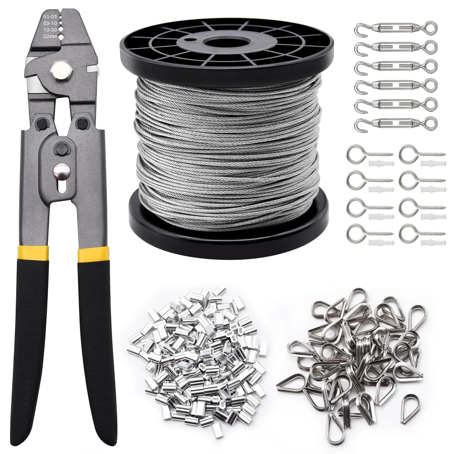 FGBNM 1/16" Wire Rope Kit with Turnbuckles & Eye Screws, 328ft (99.97m) Stainless Steel Cable — 328ft Wire Rope Set + Hooks