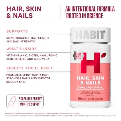 Health By Habit Hair, Skin & Nails Supplement 2 Pack (120 Capsules) Supports Hydration, Hair & Nail Strength, Biotin 2000mcg, Vegan, Non-GMO thumbnail 4