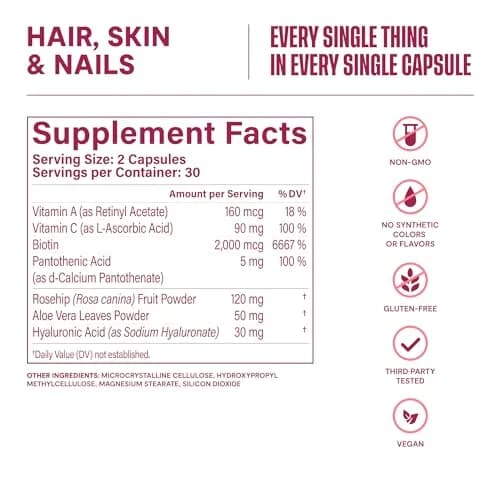 Health By Habit Hair, Skin & Nails Supplement 2 Pack (120 Capsules) Supports Hydration, Hair & Nail Strength, Biotin 2000mcg, Vegan, Non-GMO thumbnail 5