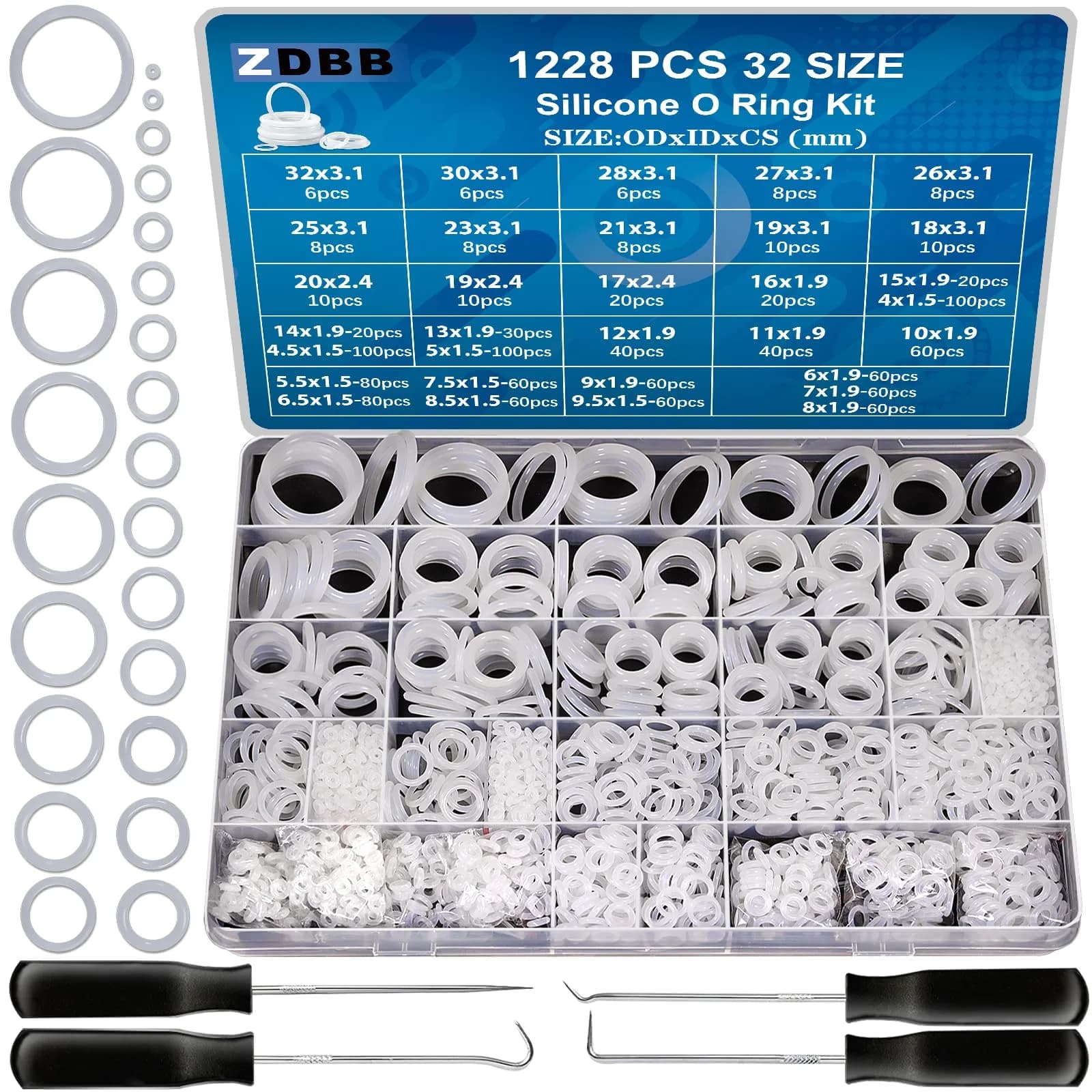 ZDBB 1228 Pcs White Silicone O-Ring Kit - Heat & Oil Resistant VMQ Seals - main product image