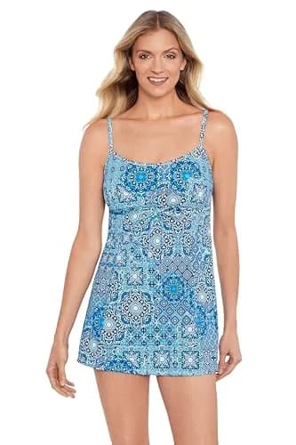 ShapeSolver Women's Empire Swimdress Back in Tile | Flattering, Tummy Control, Adjustable Straps thumbnail 1