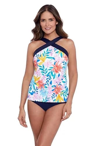 ShapeSolver Women's Criss Cross Neck Tankini Top, Tropical Breeze, 12 | Flattering Support & Adjustable Straps thumbnail 1