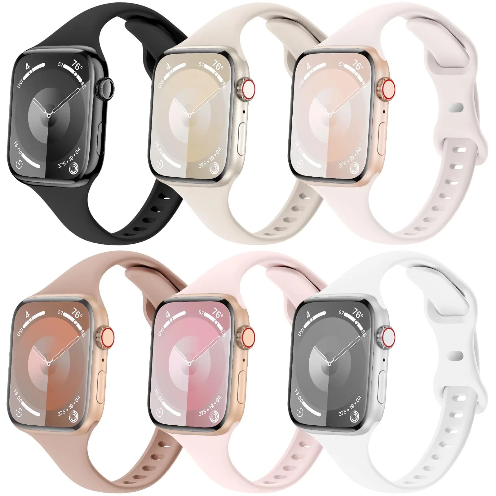 Eilesuny 6 Pack Slim Thin Silicone Watch Bands for Apple Watch 38mm-49mm | Water-Resistant & Breathable — Black/Starlight/Light Blush/Milk Tea/Light Pink/White