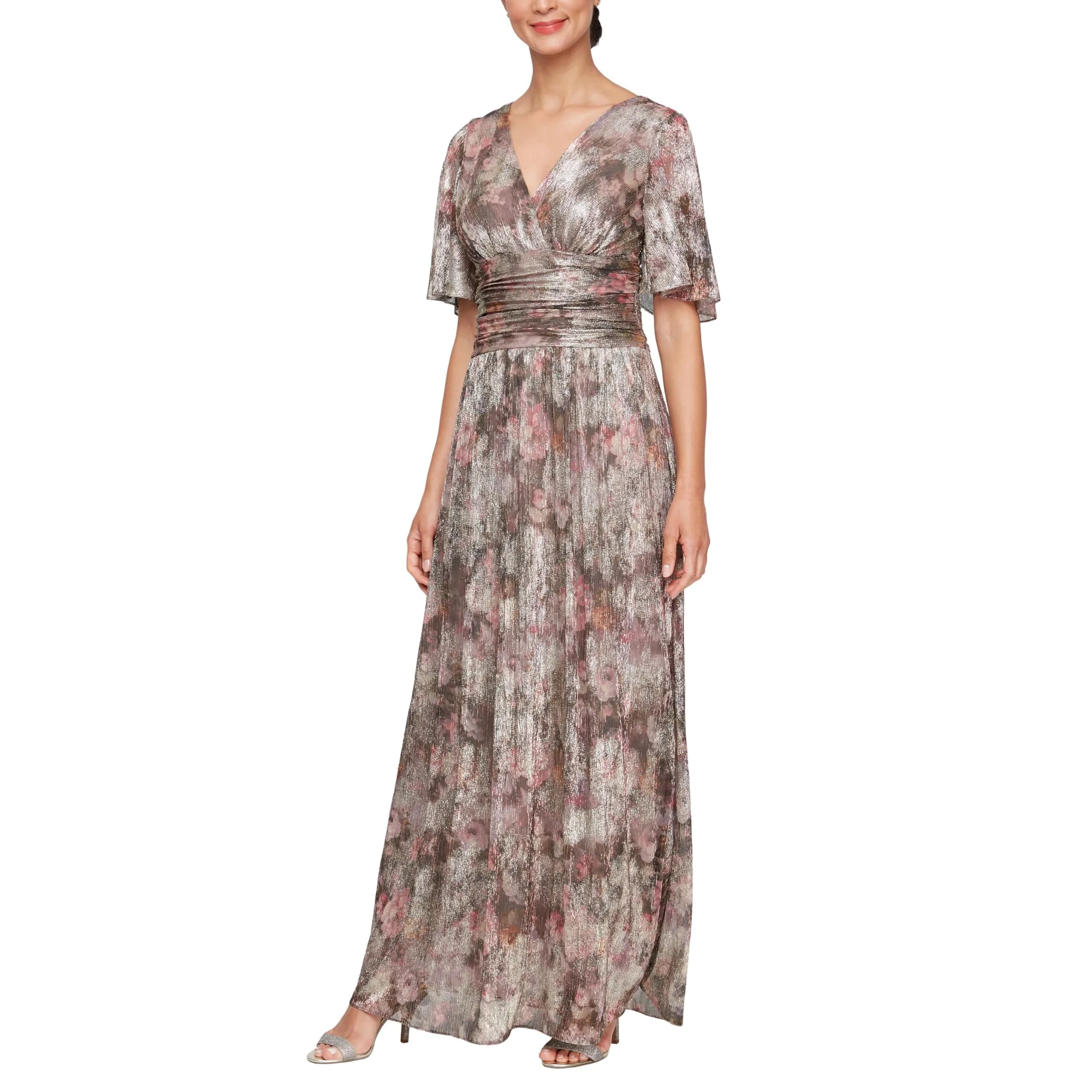 S.L. Fashions Women's Plus Size Long A-line Gown w/Flutter Sleeves & Ruched Waist, Taupe Multi, 16W | Elegant Wedding Guest Dress — Taupe Multi