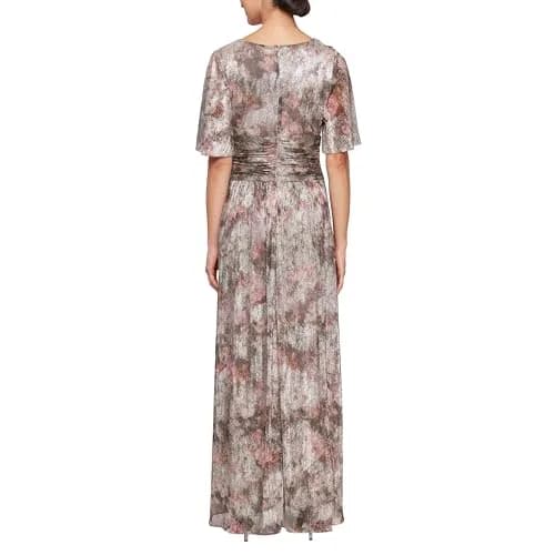 S.L. Fashions Women's Plus Size Long A-line Gown w/Flutter Sleeves & Ruched Waist, Taupe Multi, 16W | Elegant Wedding Guest Dress thumbnail 2