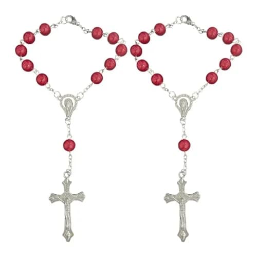 smilfuy 2PCS Car Rosary Red Pendant with Cross Charm | 18.4cm (7.26 inch) Total Length — Red
