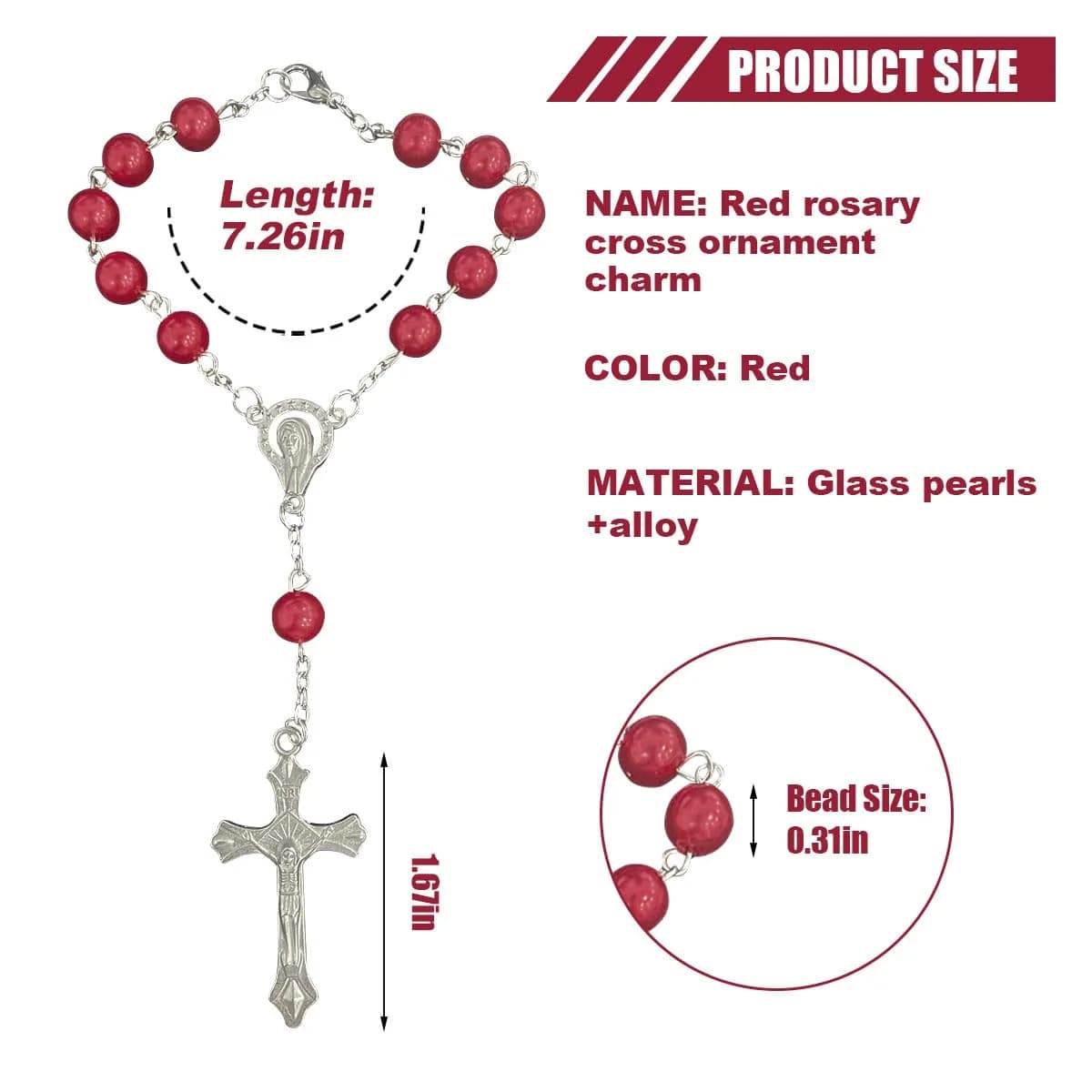 smilfuy 2PCS Car Rosary Red Pendant with Cross Charm | 18.4cm (7.26 inch) Total Length - view 2