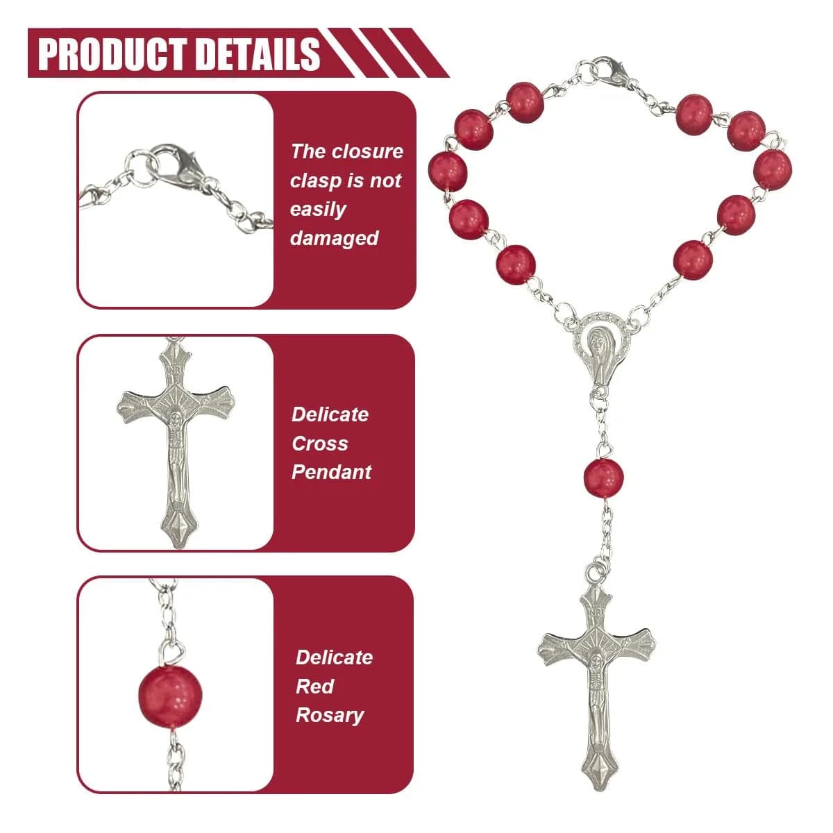 smilfuy 2PCS Car Rosary Red Pendant with Cross Charm | 18.4cm (7.26 inch) Total Length - view 3