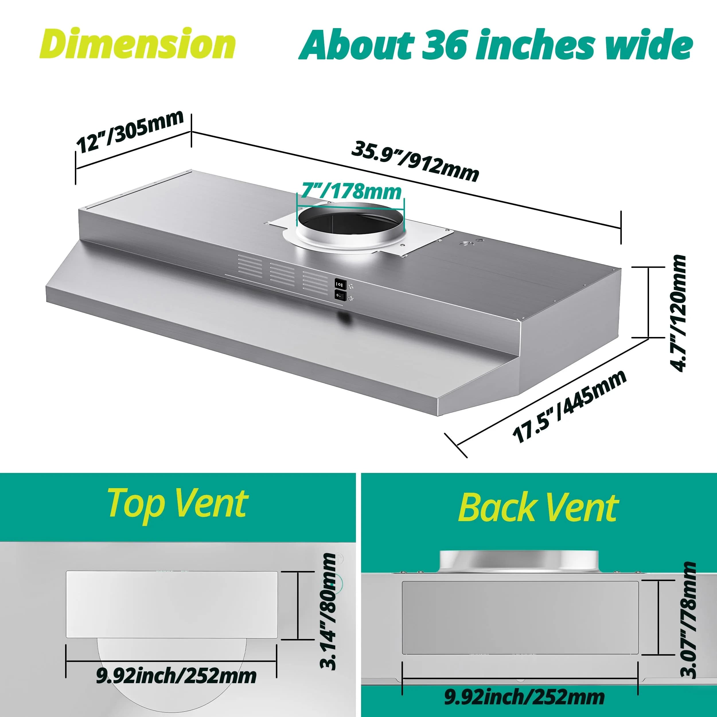 FIREGAS 36 Inch Under Cabinet Range Hood | 300 CFM Ducted/Ductless Convertible Stainless Steel Stove Vent Hood with LED Light - view 6