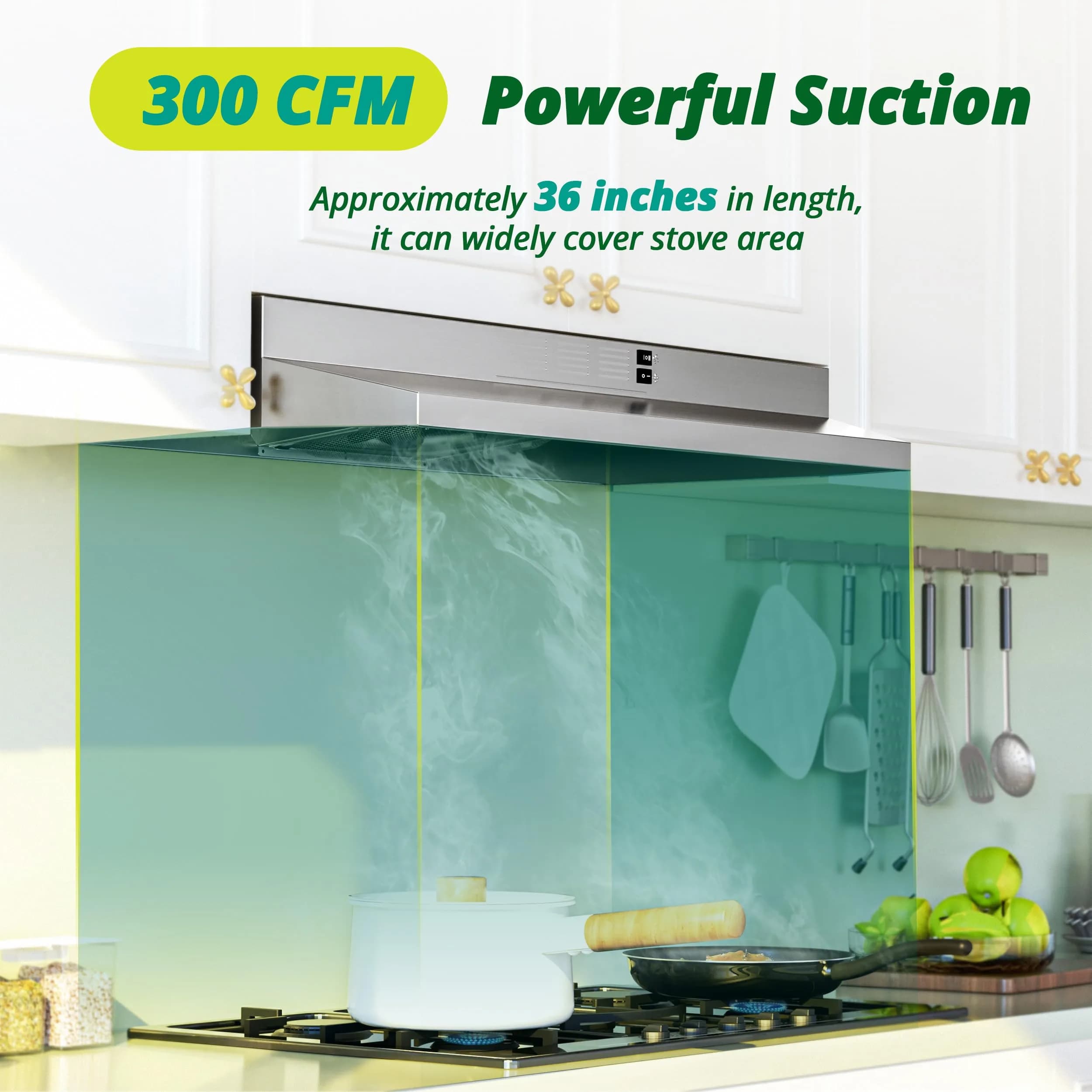 FIREGAS 36 Inch Under Cabinet Range Hood | 300 CFM Ducted/Ductless Convertible Stainless Steel Stove Vent Hood with LED Light - view 2