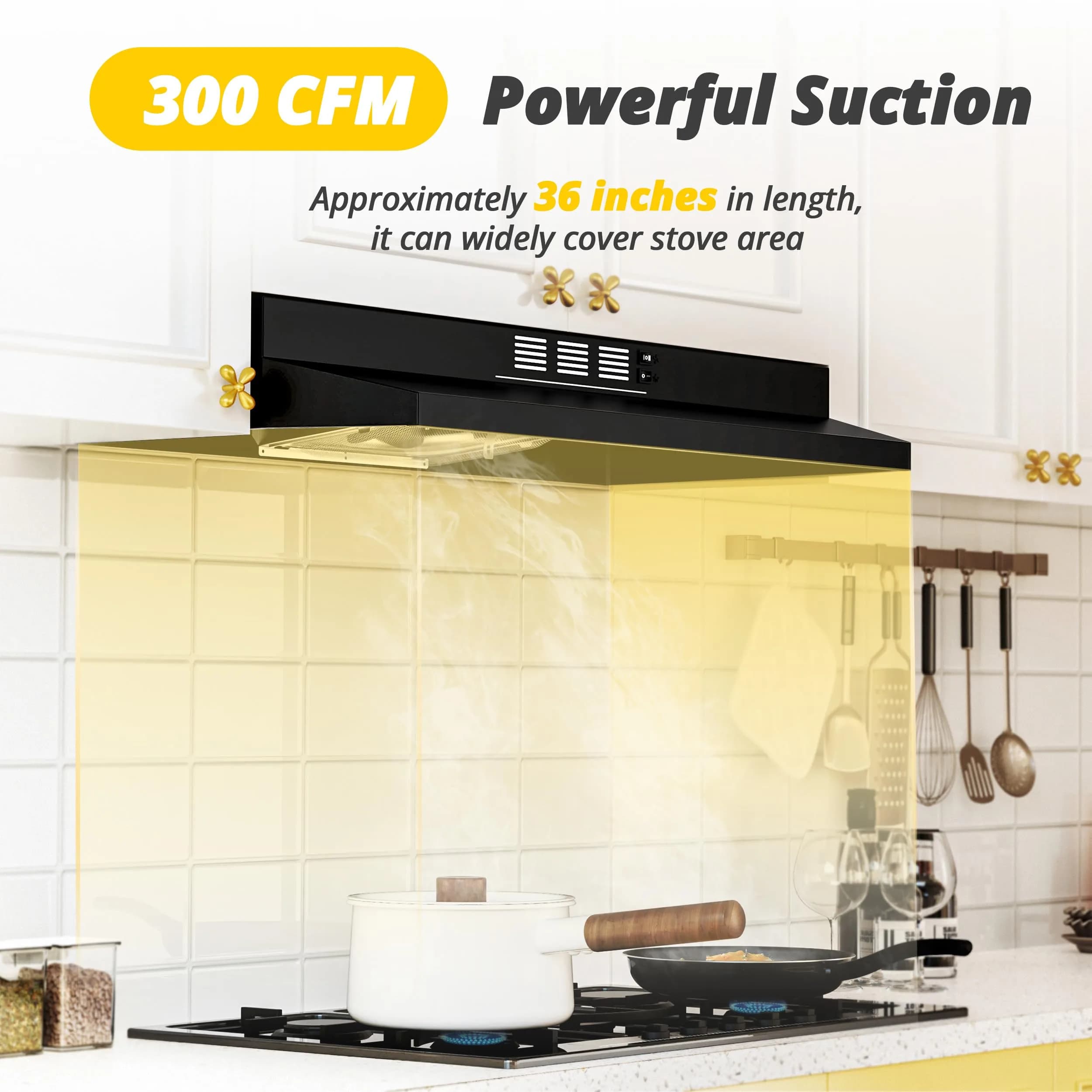 FIREGAS 91.4cm (36 Inch) Under Cabinet Range Hood - Black Painted Stainless Steel, 300 CFM, 2-Speed, Convertible Duct/Ductless - view 2