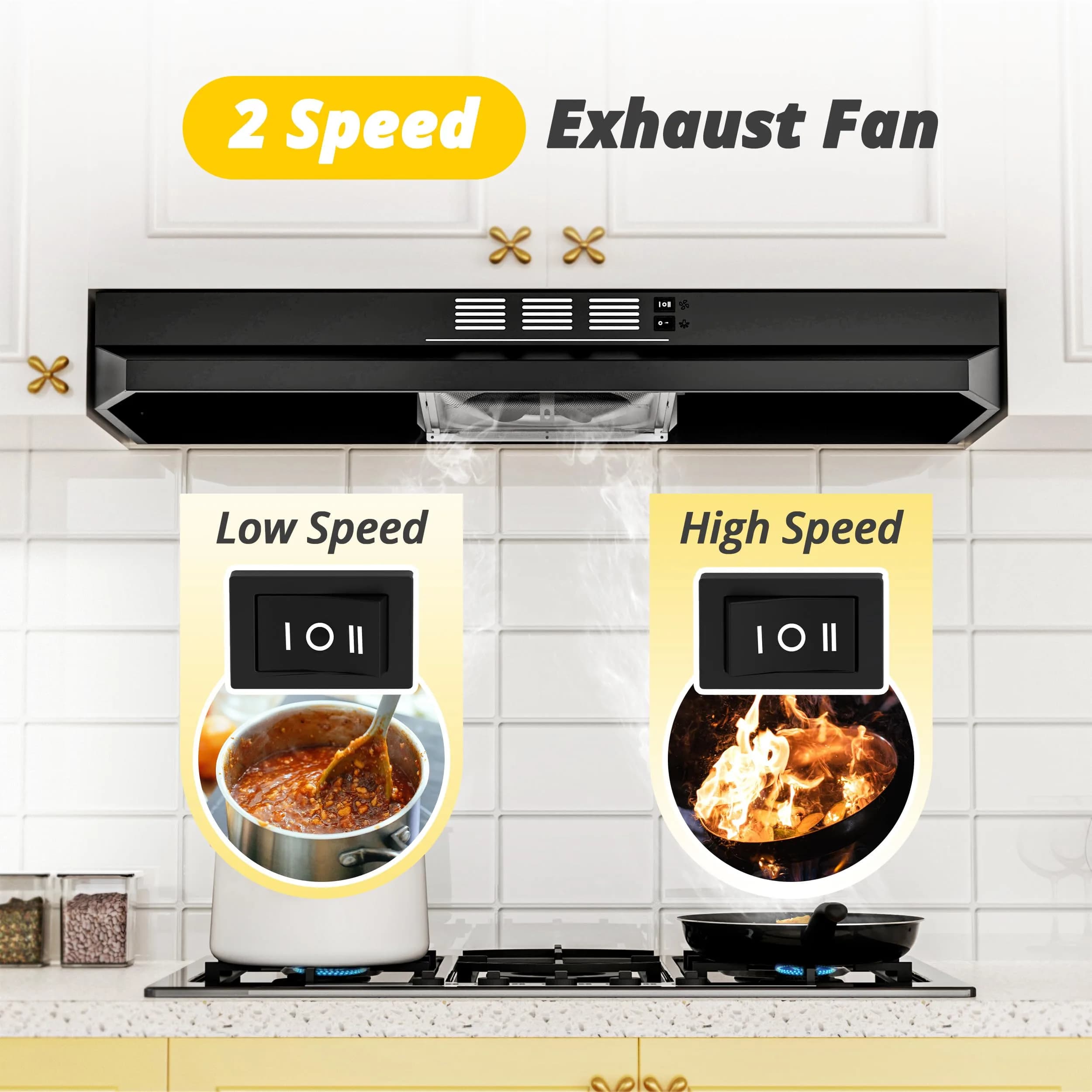 FIREGAS 91.4cm (36 Inch) Under Cabinet Range Hood - Black Painted Stainless Steel, 300 CFM, 2-Speed, Convertible Duct/Ductless - view 3