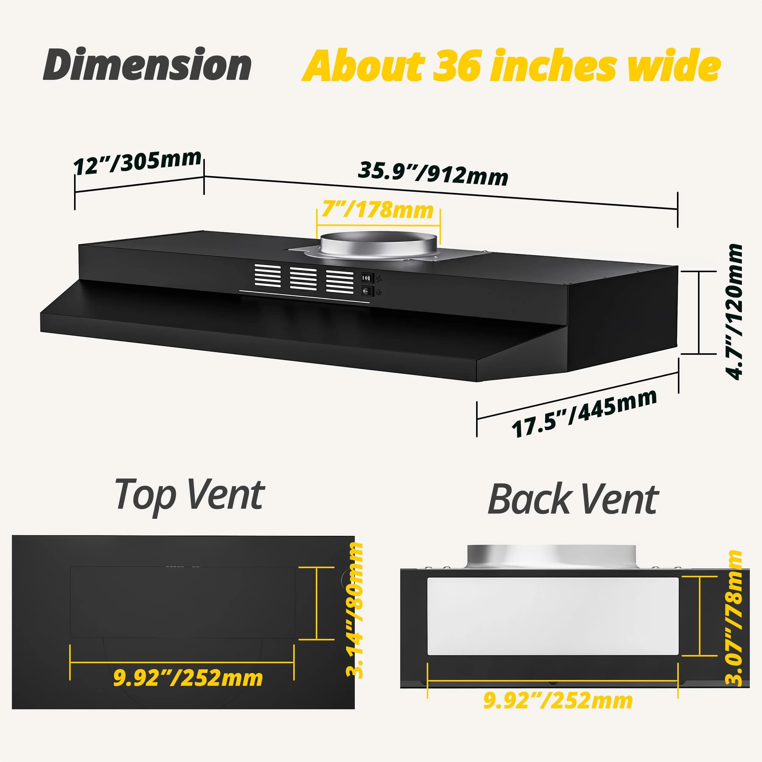 FIREGAS 91.4cm (36 Inch) Under Cabinet Range Hood - Black Painted Stainless Steel, 300 CFM, 2-Speed, Convertible Duct/Ductless - view 6