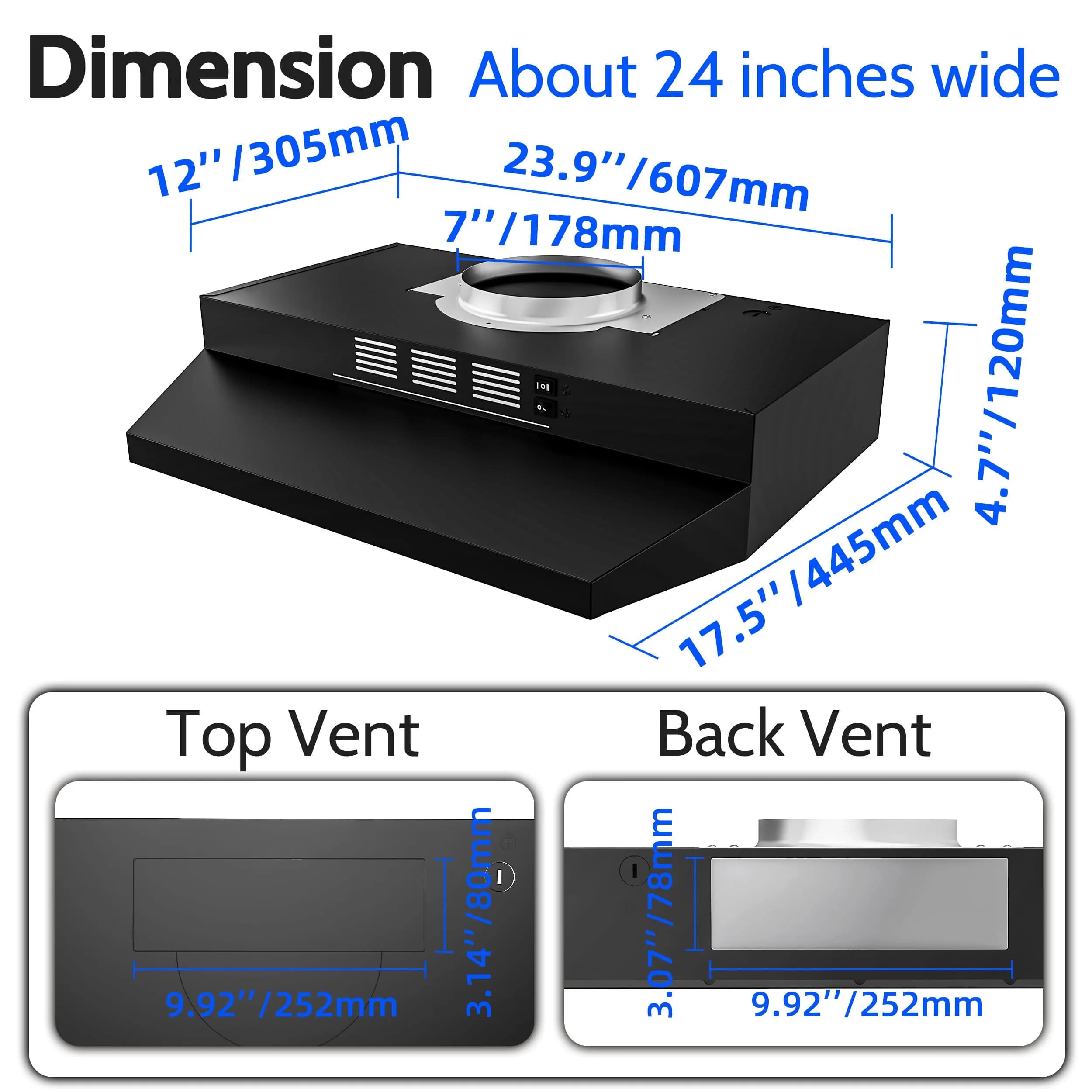 FIREGAS Black Range Hood 61cm (24 inch) Under Cabinet, 300CFM Ducted/Ductless Convertible with LED Light & Filter | Powerful Suction for Indian Kitchens - view 8