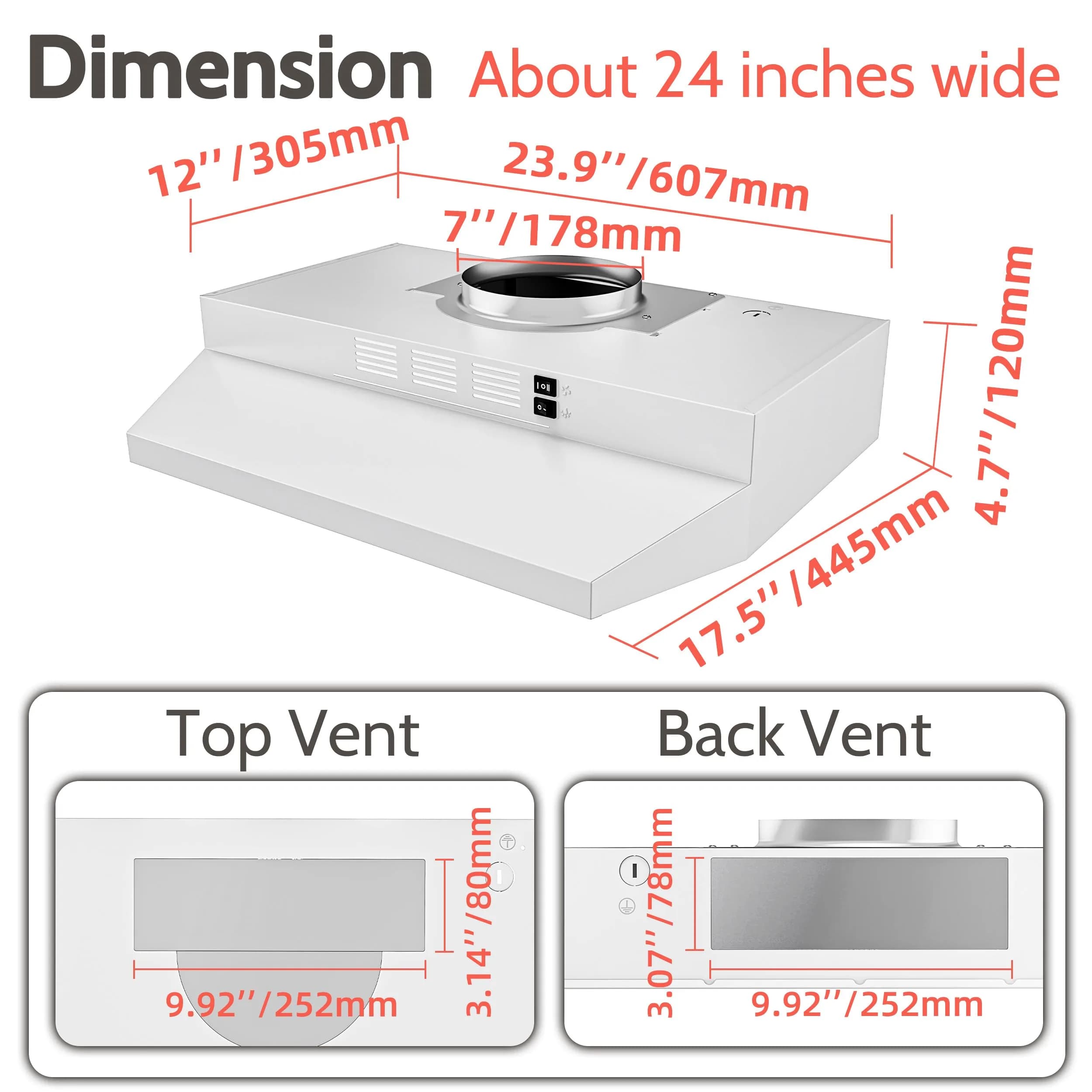 FIREGAS 61cm (24 Inch) Under Cabinet Range Hood White Painted Stainless Steel | 300 CFM Powerful Suction for Indian Kitchens - view 8