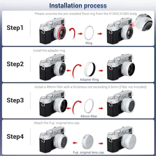 JJC Metal Lens Filter Adapter for Fuji X100VI X100V X100F X100T X100S X100 X70 Cameras | Fits 49mm Filters & Fuji FLCP-49 Lens Cap thumbnail 4