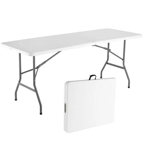 WGCTEK Folding Table 6ft | Portable Fold-in-Half Utility Table with Cloth for Party, Camping, Picnic, Banquet, Card, Wedding, Kitchen, BBQ - White thumbnail 1