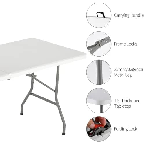WGCTEK Folding Table 6ft | Portable Fold-in-Half Utility Table with Cloth for Party, Camping, Picnic, Banquet, Card, Wedding, Kitchen, BBQ - White thumbnail 5