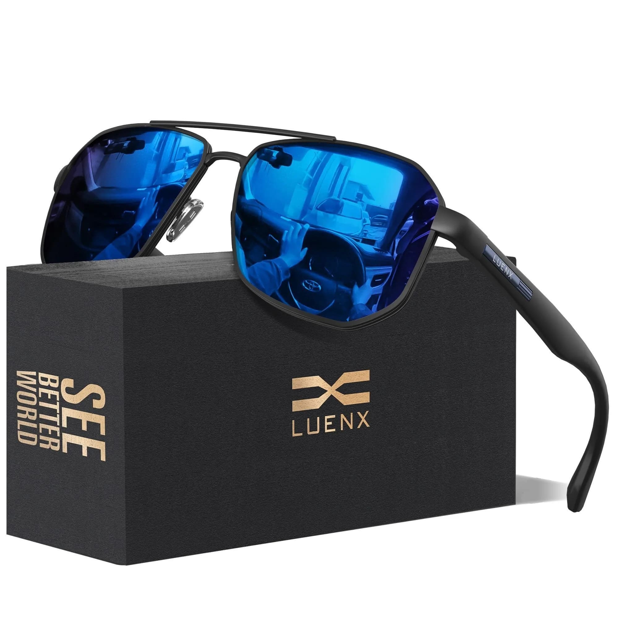 Luenx Aviator Polarized Sunglasses for Men: Square UV400 Driving | High-Quality UV Protection