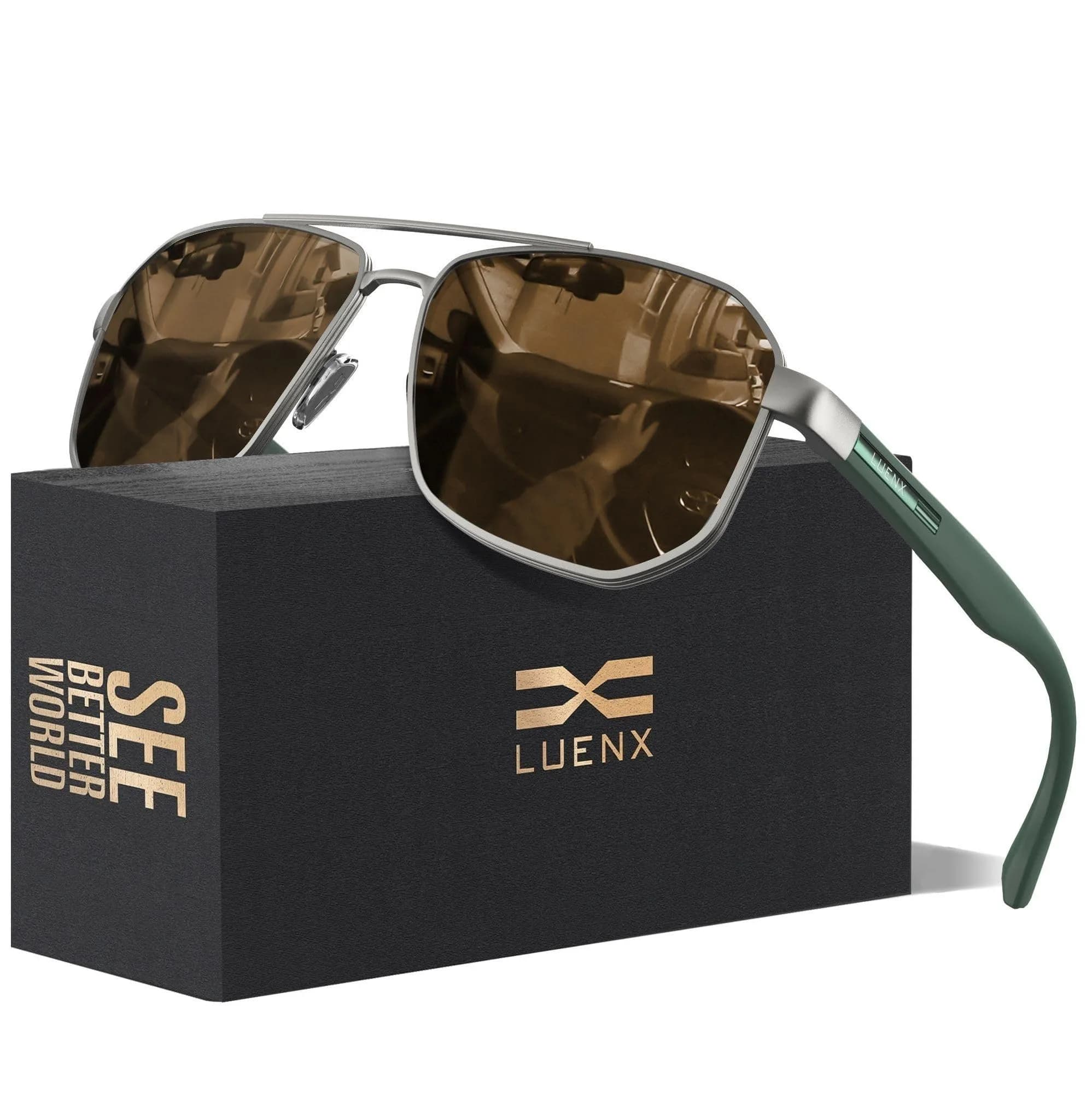 Luenx Aviator Polarized Sunglasses for Men: Square UV400 Driving, 61mm (2.4 inches)