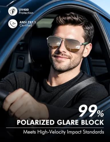 Luenx Aviator Polarized Sunglasses for Men: Square UV400 Driving, 61mm (2.4 inches) thumbnail 2