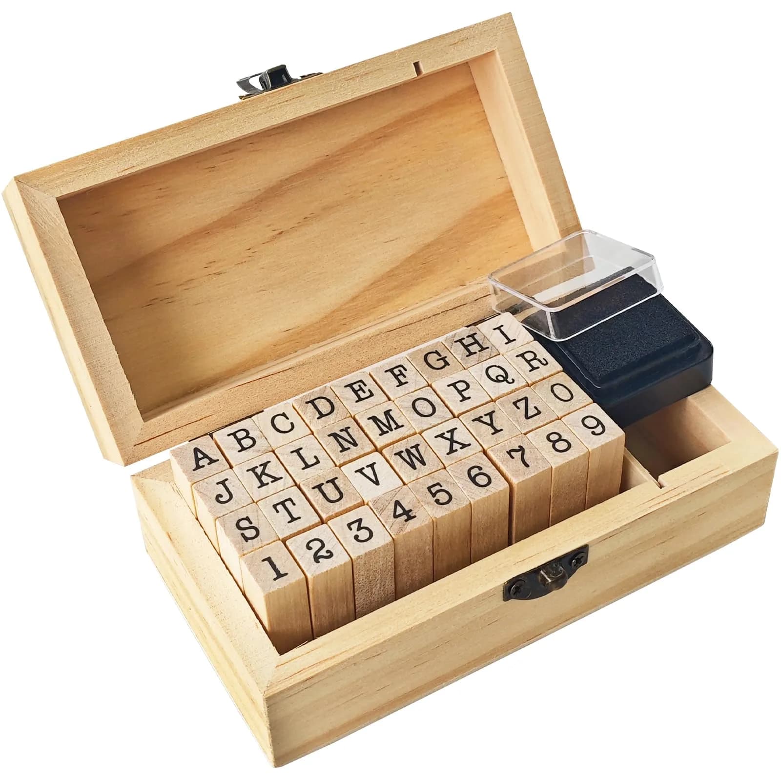 OJYUDD 70Pcs Wooden Rubber Alphabet Letter Number Stamps | DIY Craft & Scrapbooking Supplies — Wood Color